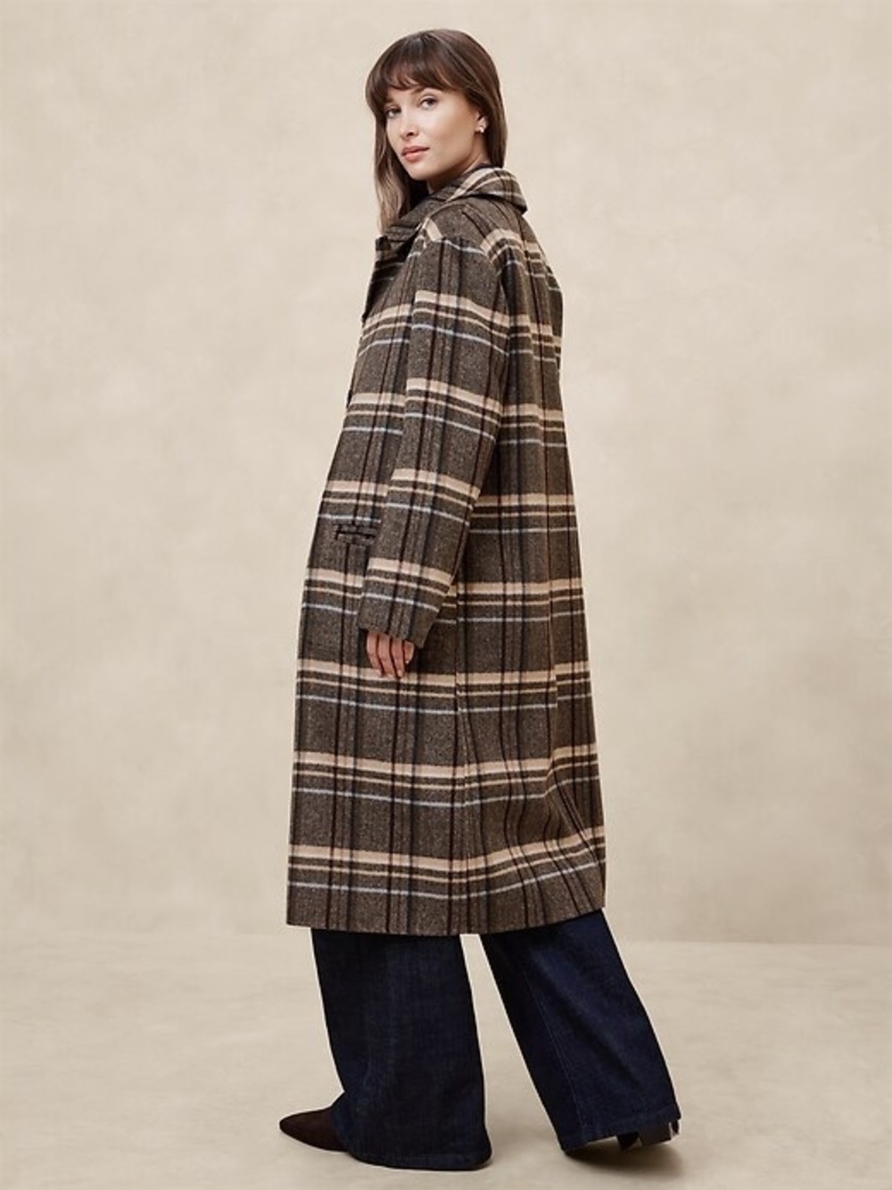 Banana Republic Reversible Wool Blend Long Coat in Brown/Plaid - Picture 2 of 7